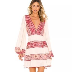Free People Cream and Red Printed V-Neck Mini Dress